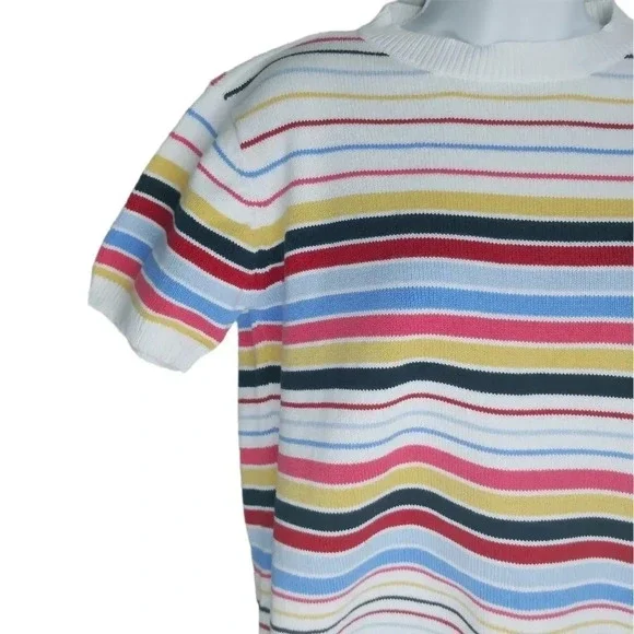 Striped Knit Top, Short  Sleeves, Colorful, L - Picture 3 of 5